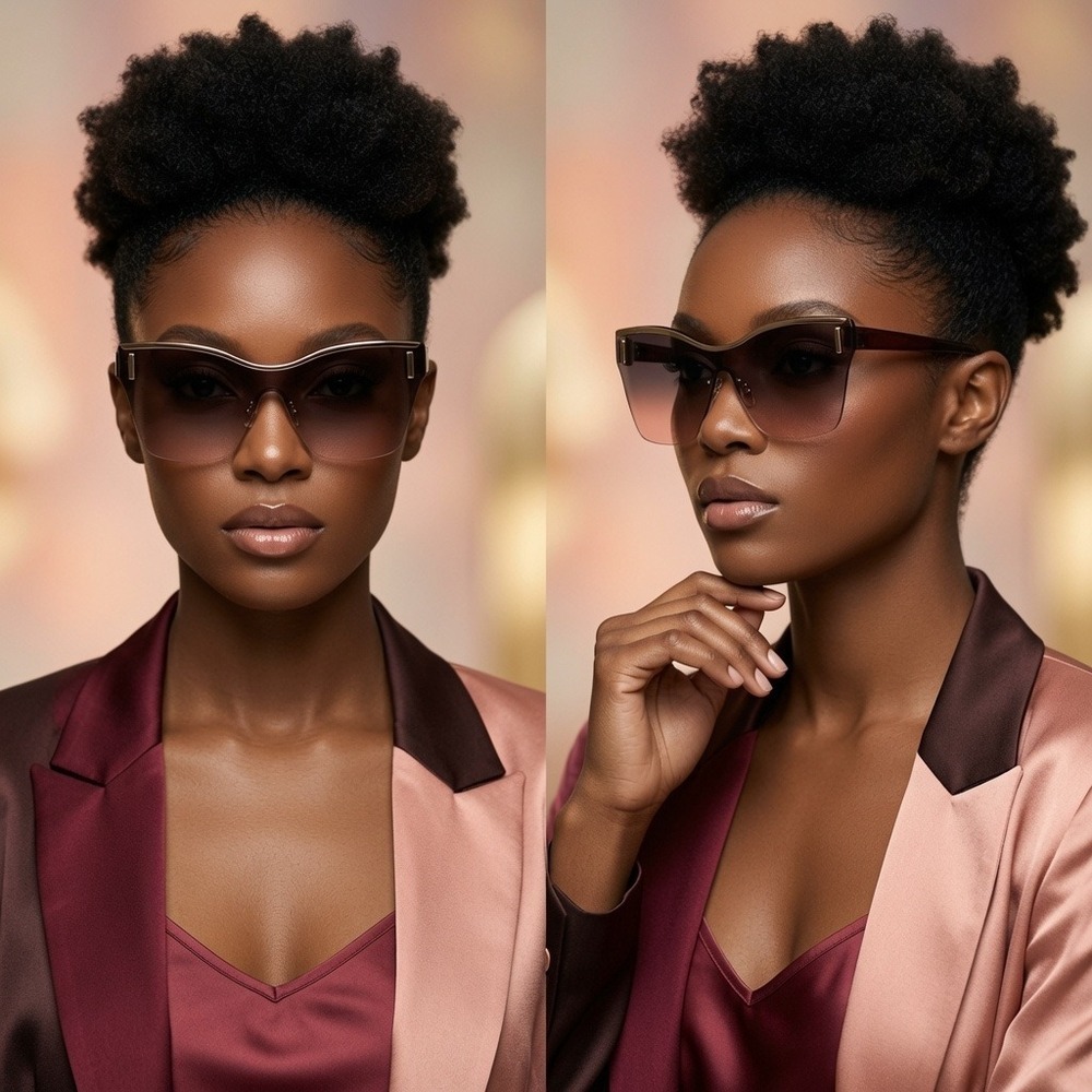 Wavy Shield Sunglasses Gold Brow Bar Grey Pink Gradient Lens Burgundy Frames New